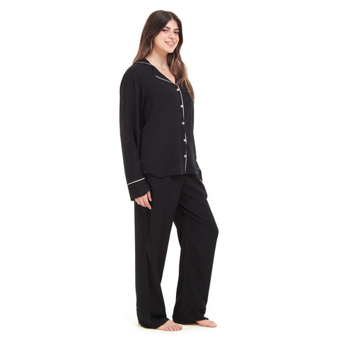 Women summer pajama set Black buttoned shirt + Pants